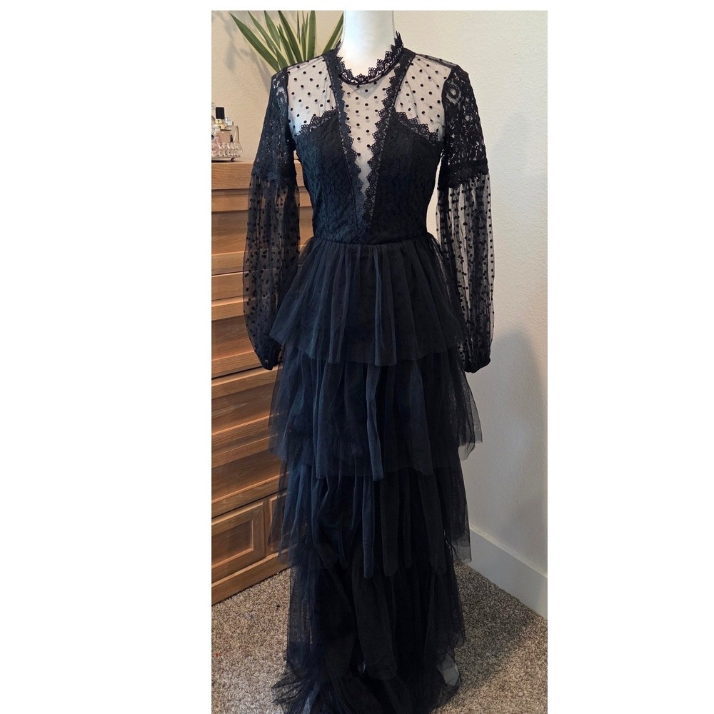 Giffniseti Lace Tulle Tiered Maxi Dress Sheer Polka Dot Gothic Black Gown Small - Picture 8 of 12